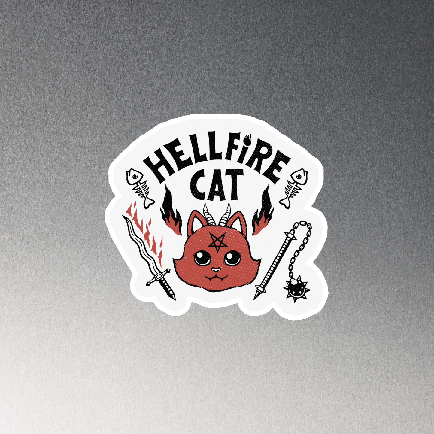 Vintage-style illustration of a cute red devil cat with small horns and a pentagram on its forehead, surrounded by flames, weapons, fish skeletons, and the bold phrase “Hellfire Cat” in a playful gothic design.