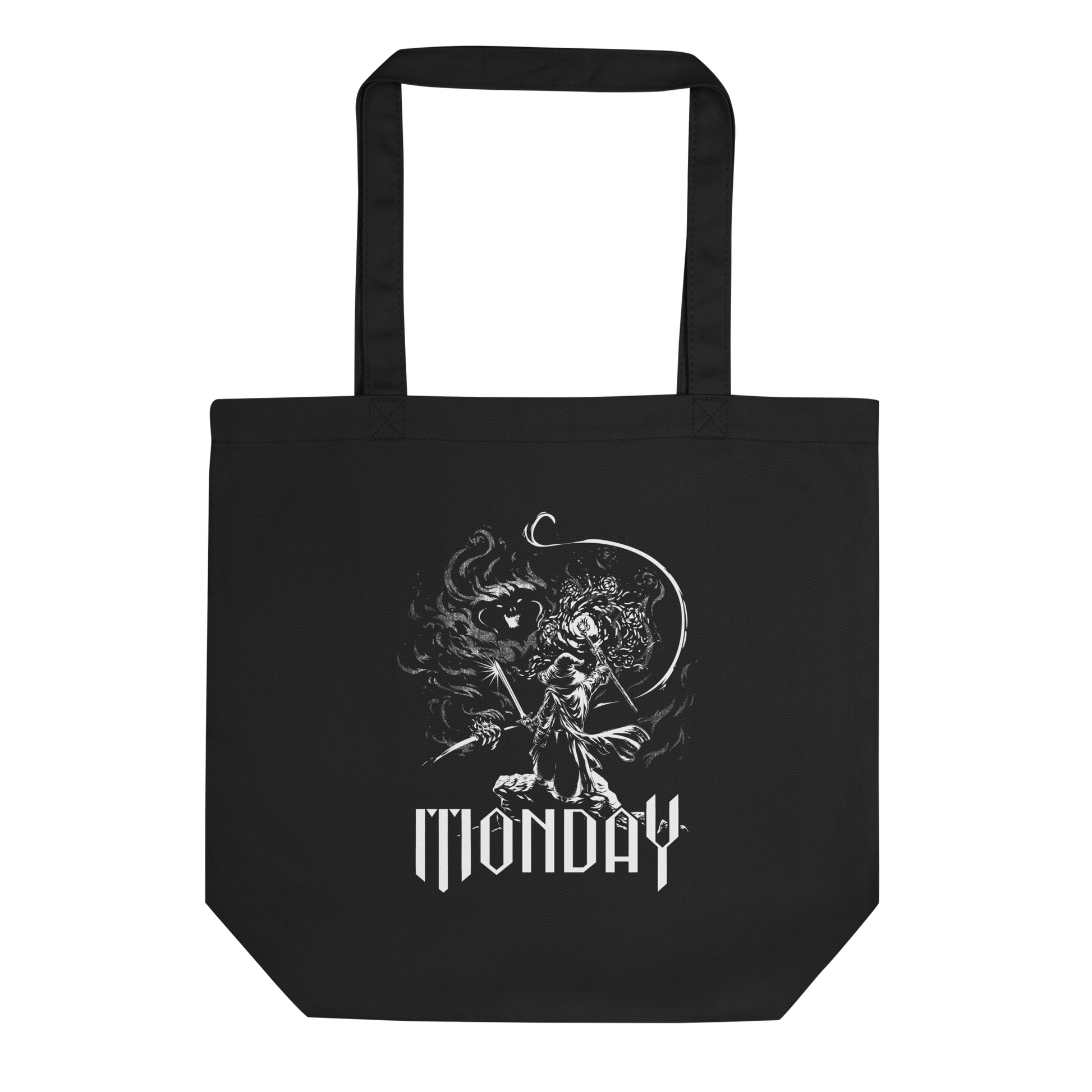 A white fantasy-style illustration showing a wizard standing on a rock, wielding a staff and sword, casting a spell toward a swirling dark, smoky monster with glowing eyes and mouth. The word “MONDAY” appears in large, bold, gothic letters at the bottom, symbolizing the wizard battling the chaos of Monday.