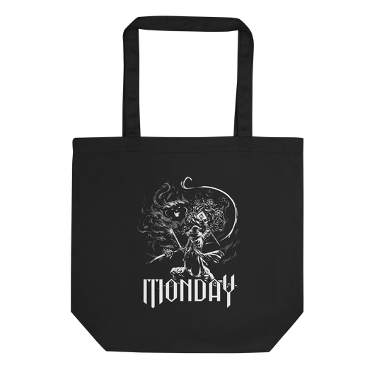 A white fantasy-style illustration showing a wizard standing on a rock, wielding a staff and sword, casting a spell toward a swirling dark, smoky monster with glowing eyes and mouth. The word “MONDAY” appears in large, bold, gothic letters at the bottom, symbolizing the wizard battling the chaos of Monday.