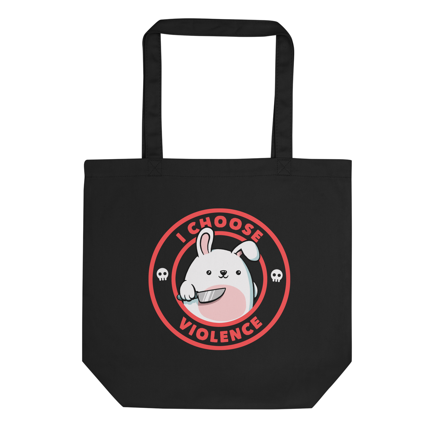 A cute white cartoon bunny with a pink belly stands holding a large kitchen knife in one paw. Surrounding the bunny is a red circular border with the words 'I CHOOSE VIOLENCE'. Small skull icons are on either side of the circle. The overall tone is a mix of adorable and ironic humor.