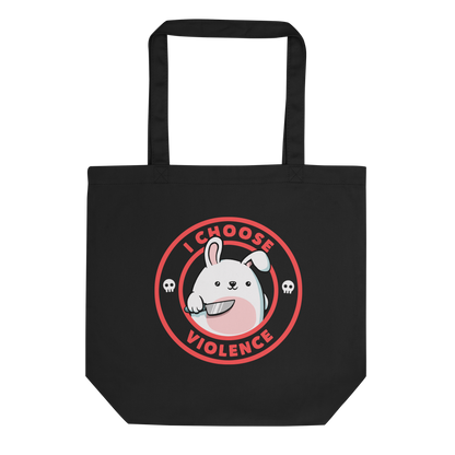 A cute white cartoon bunny with a pink belly stands holding a large kitchen knife in one paw. Surrounding the bunny is a red circular border with the words 'I CHOOSE VIOLENCE'. Small skull icons are on either side of the circle. The overall tone is a mix of adorable and ironic humor.