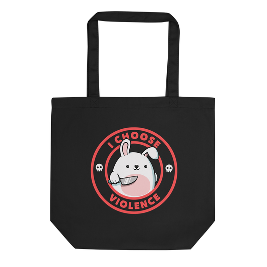 A cute white cartoon bunny with a pink belly stands holding a large kitchen knife in one paw. Surrounding the bunny is a red circular border with the words 'I CHOOSE VIOLENCE'. Small skull icons are on either side of the circle. The overall tone is a mix of adorable and ironic humor.