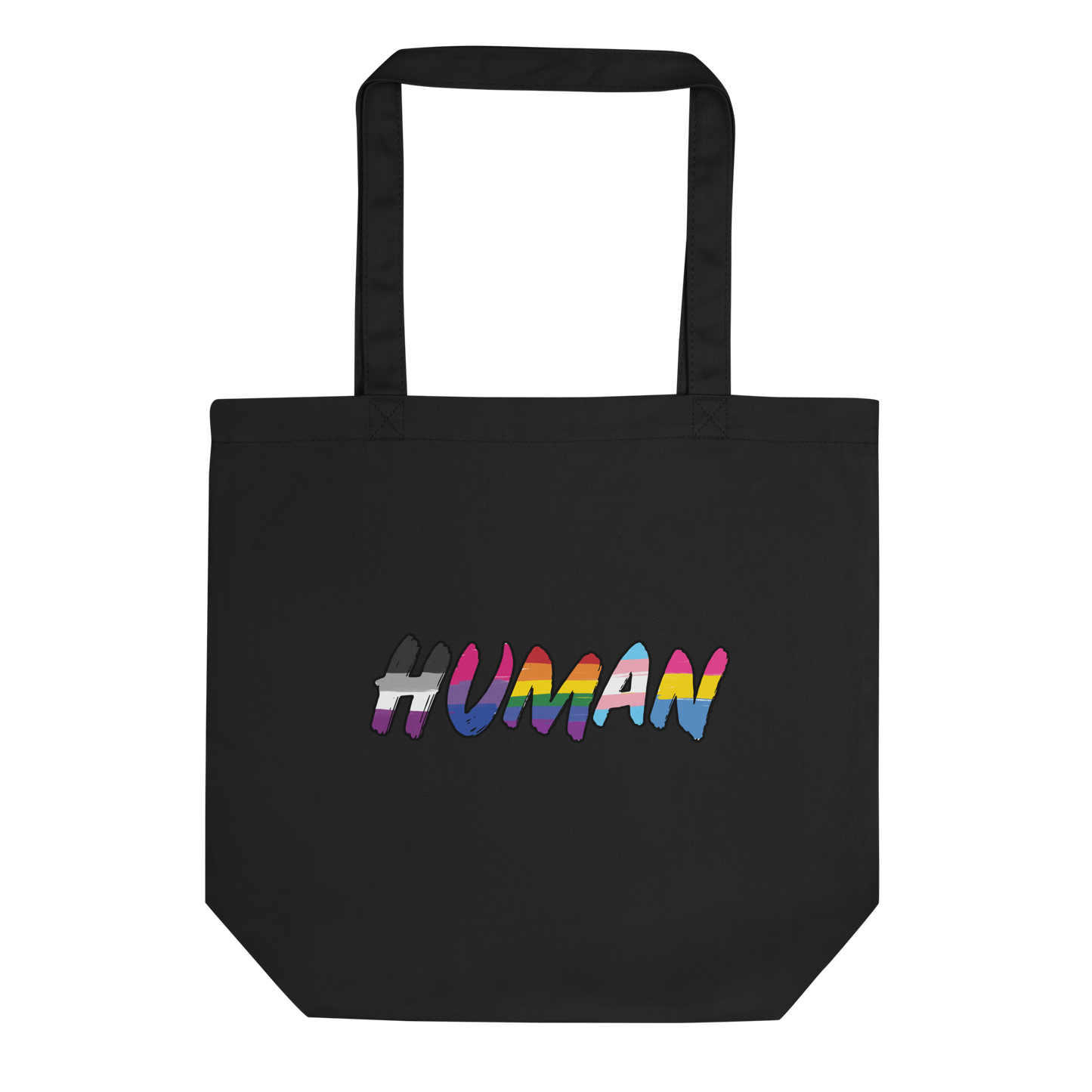 The image displays the word 'HUMAN' in bold, capitalized letters filled with colorful pride flag patterns. The colors within the letters represent different LGBTQ+ pride flags, symbolizing inclusivity and diversity. The background is solid black, which makes the colorful patterns stand out more vibrantly.