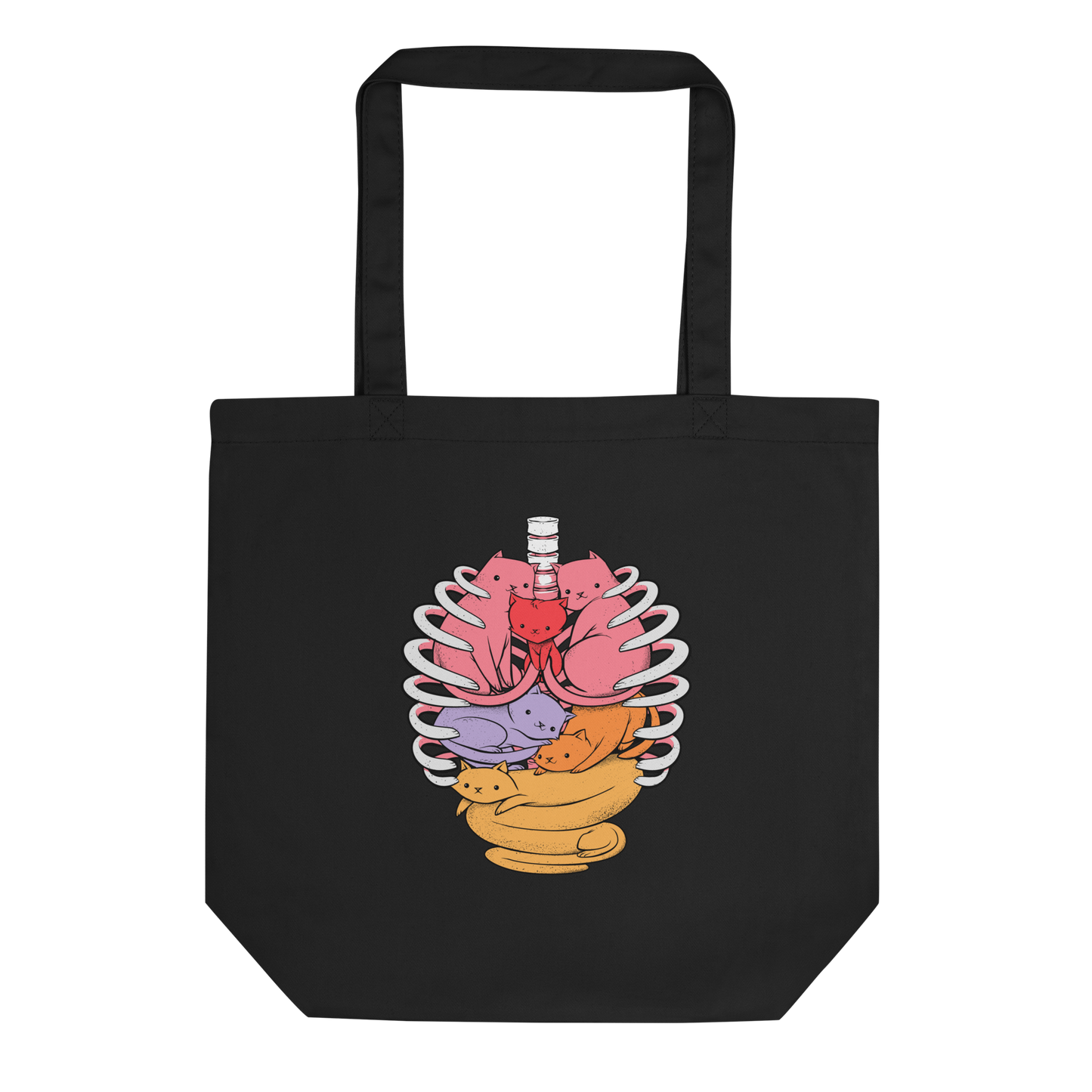 The image features a unique and colorful illustration of six whimsical cats nestled within and around a human ribcage. Each cat is a different bright color, ranging from pink and purple to orange and yellow, creating a visually appealing and vibrant composition. The use of contrasting colors and playful subject matter gives it a charming and eye-catching style.