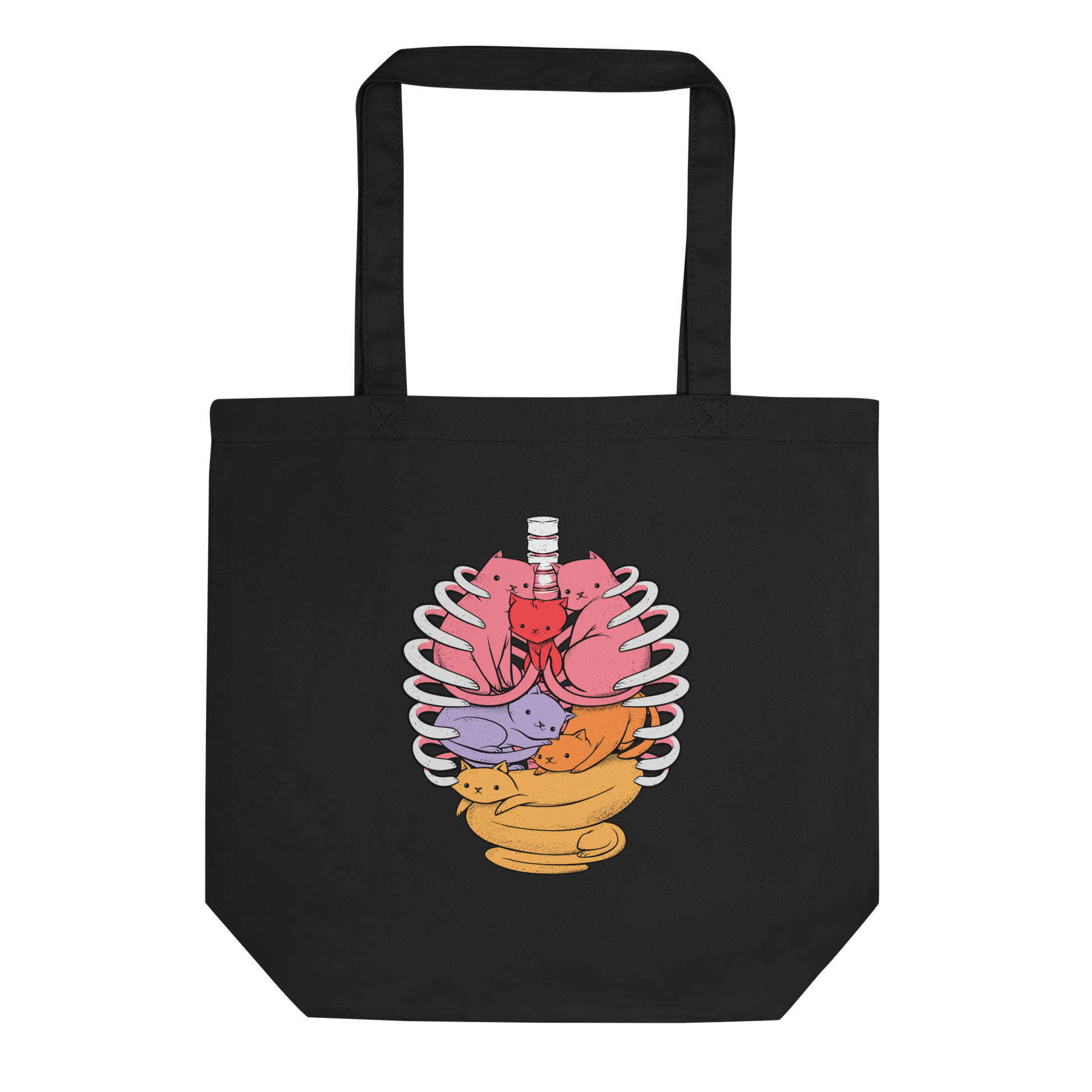 The image features a unique and colorful illustration of six whimsical cats nestled within and around a human ribcage. Each cat is a different bright color, ranging from pink and purple to orange and yellow, creating a visually appealing and vibrant composition. The use of contrasting colors and playful subject matter gives it a charming and eye-catching style.