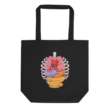 The image features a unique and colorful illustration of six whimsical cats nestled within and around a human ribcage. Each cat is a different bright color, ranging from pink and purple to orange and yellow, creating a visually appealing and vibrant composition. The use of contrasting colors and playful subject matter gives it a charming and eye-catching style.