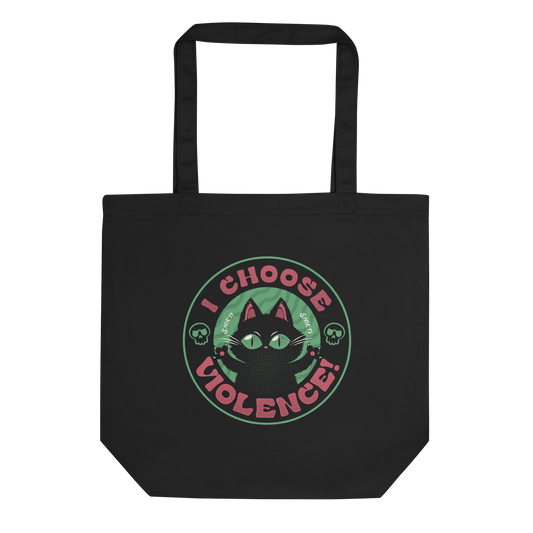 The image features a black cartoon-like cat with large, bright eyes and pointed ears, with a defiant look on its face. The cat is centered within a circular border. Surrounding the cat, the text reads 'I CHOOSE VIOLENCE!' in bold, playful font. There are also small skull illustrations flanking the cat on either side, adding a dark yet humorous tone to the design.