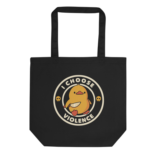 A cute, cartoon-style yellow duckling stands confidently holding a large knife in its wing. The duckling is encircled by text saying 'I CHOOSE VIOLENCE' in bold white letters. Small skull symbols flank the chick on either side, adding a touch of humor and irony to the otherwise adorable drawing.