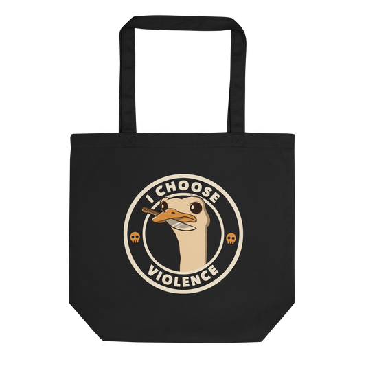 A cartoonish emu with large, expressive eyes holds a knife in its beak, suggesting a humorous and ironic menacing look. The image is framed by two circles, with the text 'I CHOOSE VIOLENCE' around the inner circle. Two small skull icons are placed on either side below the text.
