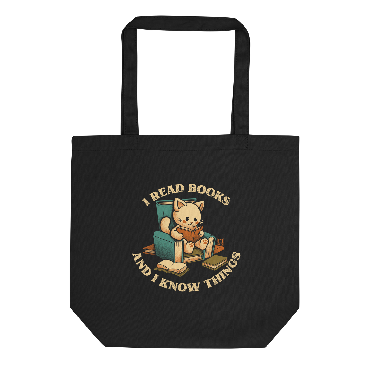 An adorable cat is sitting on a stack of books encircled by the sentence "I READ BOOKS AND I KNOW THINGS". Perfect for book lovers, this design combines wit and cuteness, making it a great choice for those who love reading and cats.