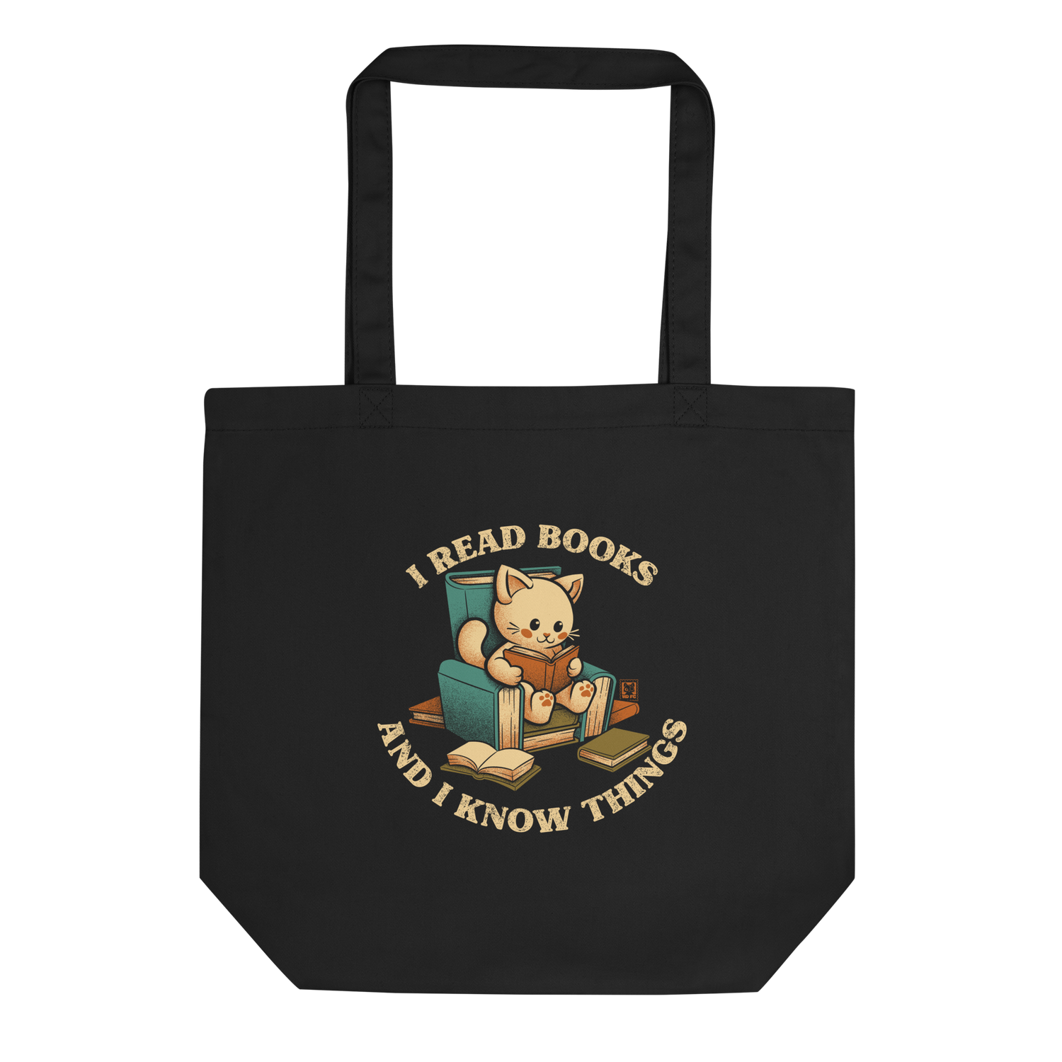 An adorable cat is sitting on a stack of books encircled by the sentence "I READ BOOKS AND I KNOW THINGS". Perfect for book lovers, this design combines wit and cuteness, making it a great choice for those who love reading and cats.