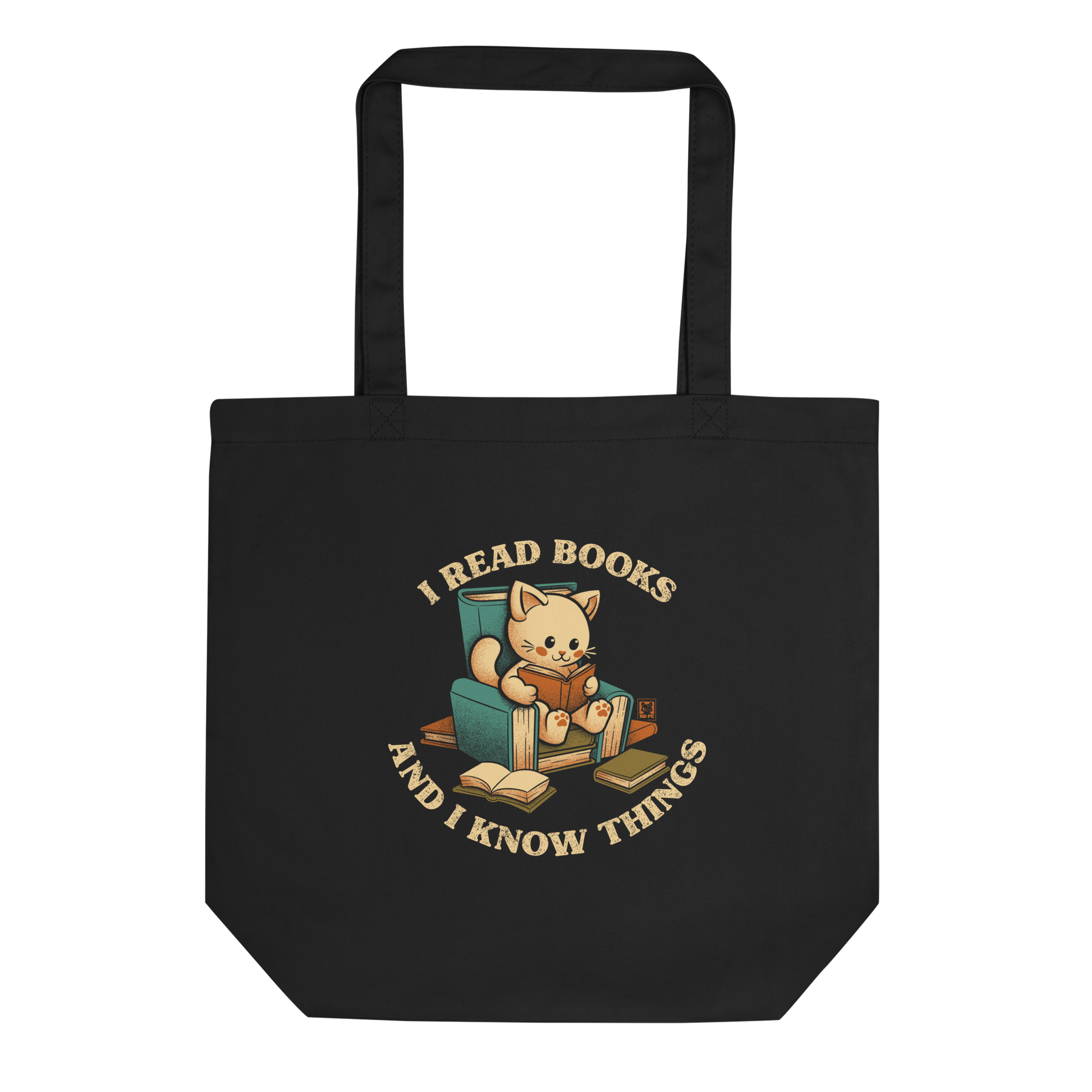 An adorable cat is sitting on a stack of books encircled by the sentence "I READ BOOKS AND I KNOW THINGS". Perfect for book lovers, this design combines wit and cuteness, making it a great choice for those who love reading and cats.