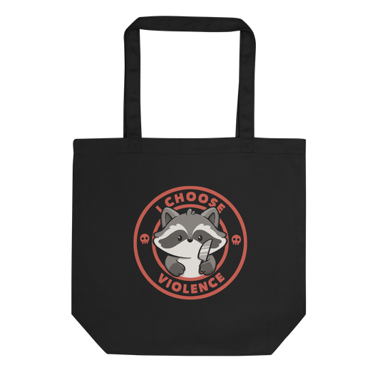 A cute cartoon raccoon character stands with a small knife, surrounded by a red circular border with the text 'I CHOOSE VIOLENCE'. The raccoon looks adorable yet mischievous, with a playful expression. Two small skulls are on either side of the circle, adding humor to the bold statement.