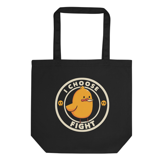 A cute, cartoonish yellow chick stands confidently with a determined look, holding a small knife in its beak. The text 'I CHOOSE FIGHT' encircles the chick, and two small skulls flank the image, adding a humorous, rebellious touch.