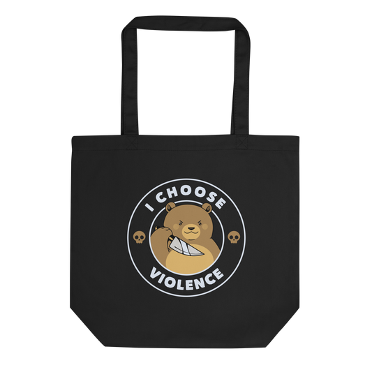 A cartoon-style image features a cute, determined-looking teddy bear holding a knife, with an expression of mischief. The bear is surrounded by the bold text 'I CHOOSE VIOLENCE' and accompanied by small skull icons on either side, adding a humorous and ironic twist to the design.