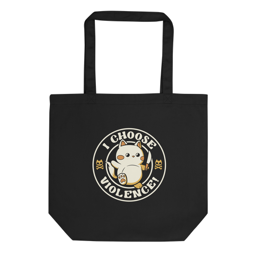 The image features a cute, cartoon-style cat holding a knife in one hand, while standing with an assertive expression. The phrase 'I CHOOSE VIOLENCE!' surrounds the cat in a circular layout. Two small cat skull and crossbones illustrations flank either side of the cat. The design combines elements of cuteness and aggression, creating a humorous and ironic vibe.