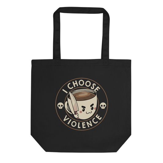 This image features a cute, cartoonish white coffee cup filled with coffee, with a determined facial expression, holding a sharp knife. The cup is framed by the circular text 'I CHOOSE VIOLENCE' in bold letters. On either side of the cup, there are small, white skull icons, adding a humorous yet dark twist to the design.