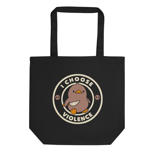A cute, cartoon-style mocha mousse color duckling stands confidently holding a large knife in its wing. The duckling is encircled by text saying 'I CHOOSE VIOLENCE' in bold white letters. Small skull symbols flank the chick on either side, adding a touch of humor and irony to the otherwise adorable drawing.