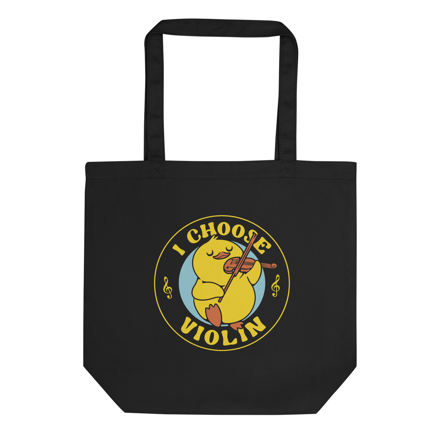 The design features a cute yellow duckling playing a violin with eyes closed in bliss. It is encircled by the phrase 'I Choose Violin' with musical notes on either side. The style is playful and cartoony, giving a warm, humorous vibe.