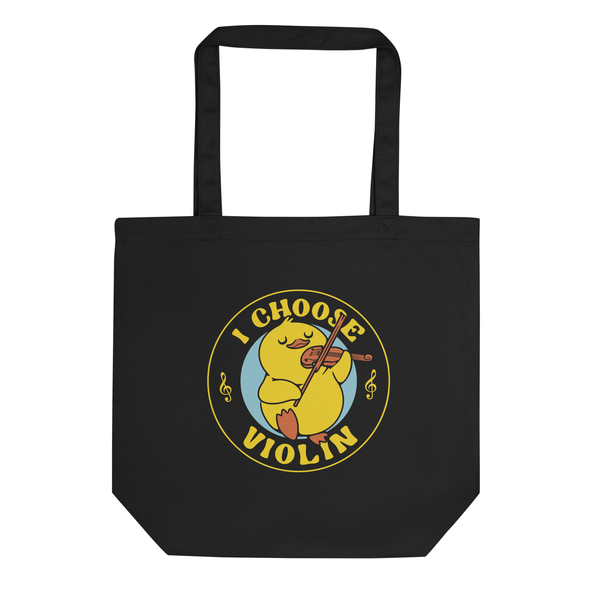 The design features a cute yellow duckling playing a violin with eyes closed in bliss. It is encircled by the phrase 'I Choose Violin' with musical notes on either side. The style is playful and cartoony, giving a warm, humorous vibe.