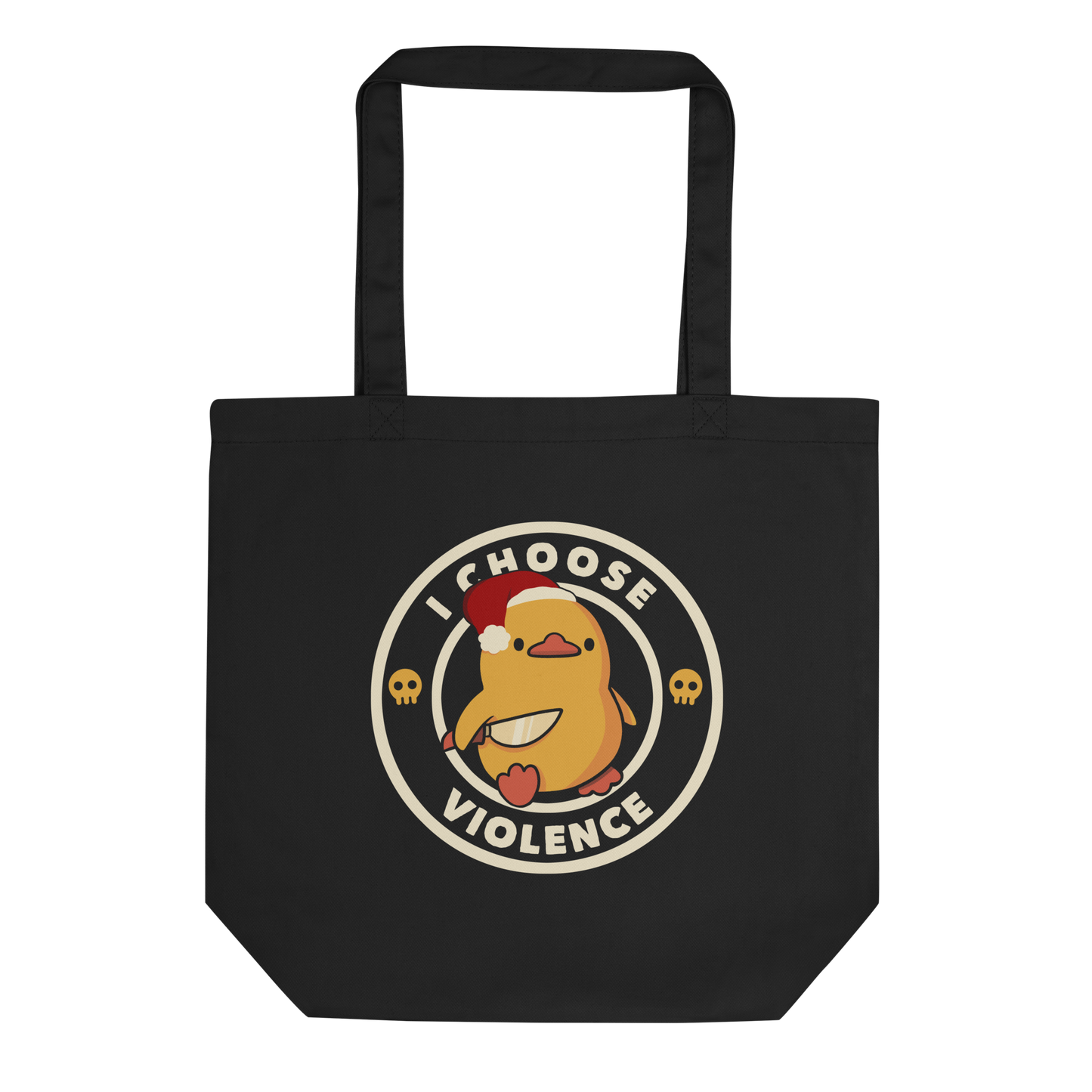 The image depicts a cute, cartoon-style yellow duckling wearing a Santa hat, holding a knife. It is encircled by the phrase 'I CHOOSE VIOLENCE' with small skull icons on either side of the ring. The overall tone is humorous and ironic, combining the traditionally non-violent image of a duckling with the aggressive message. The style is playful, with a mix of Christmas elements and dark humor.
