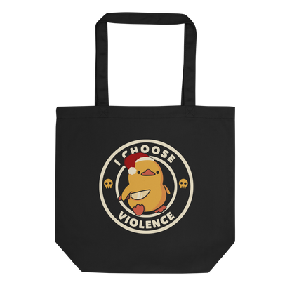 The image depicts a cute, cartoon-style yellow duckling wearing a Santa hat, holding a knife. It is encircled by the phrase 'I CHOOSE VIOLENCE' with small skull icons on either side of the ring. The overall tone is humorous and ironic, combining the traditionally non-violent image of a duckling with the aggressive message. The style is playful, with a mix of Christmas elements and dark humor.