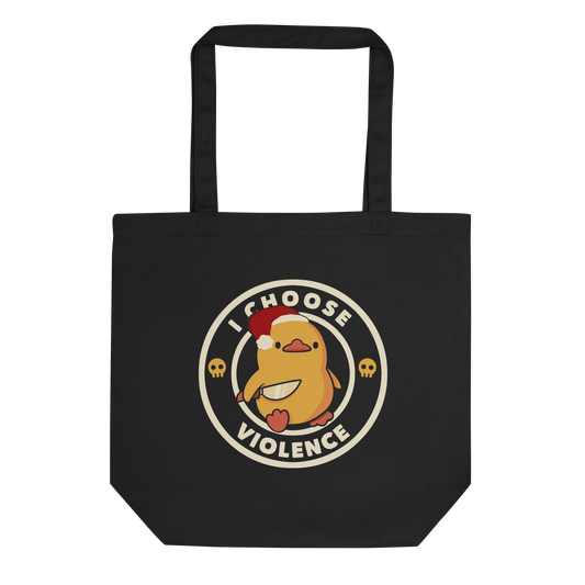 The image depicts a cute, cartoon-style yellow duckling wearing a Santa hat, holding a knife. It is encircled by the phrase 'I CHOOSE VIOLENCE' with small skull icons on either side of the ring. The overall tone is humorous and ironic, combining the traditionally non-violent image of a duckling with the aggressive message. The style is playful, with a mix of Christmas elements and dark humor.