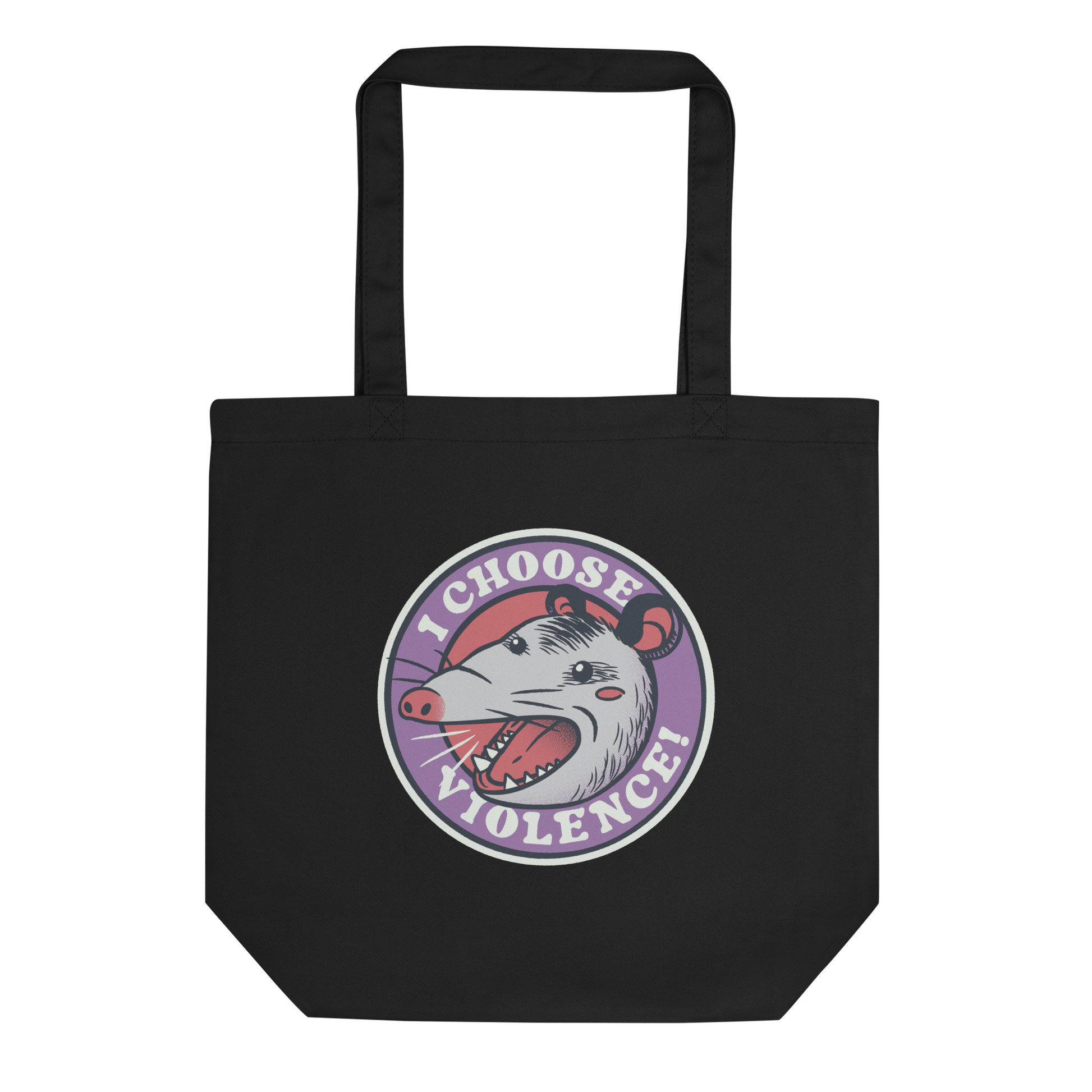 A circular design featuring an opossum with an open mouth showing sharp teeth, set against a red and purple background. Surrounding the animal, the text reads 'I Choose Violence!' in bold, white letters. The opossum has a somewhat comical yet aggressive expression. The design has an edgy, cartoon-like style, suitable for various products like t-shirts and stickers.