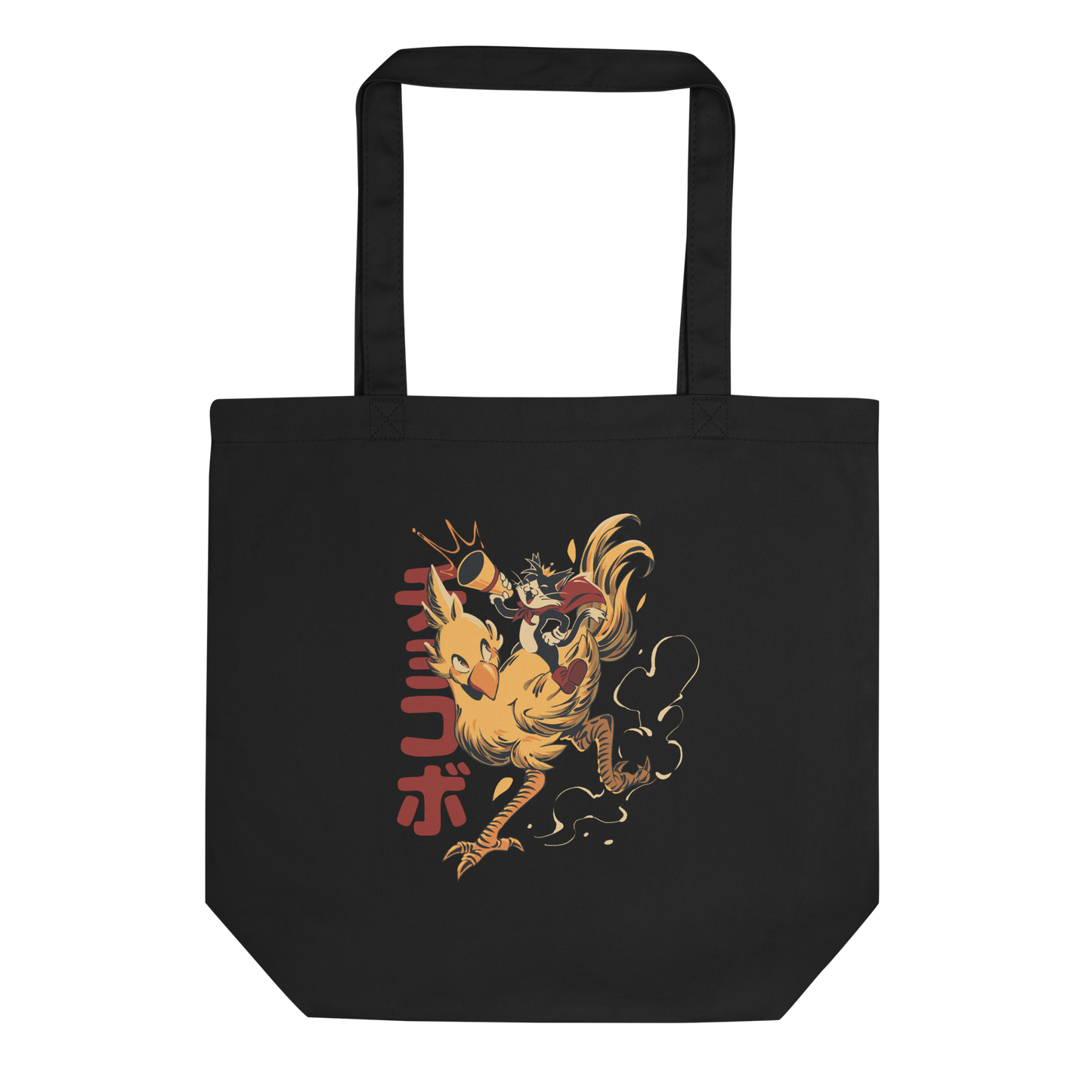 A stylized cartoon illustration of a confident cat wearing a cape and crown while riding a large yellow bird at full speed, with dynamic motion lines and Japanese writing in the background.