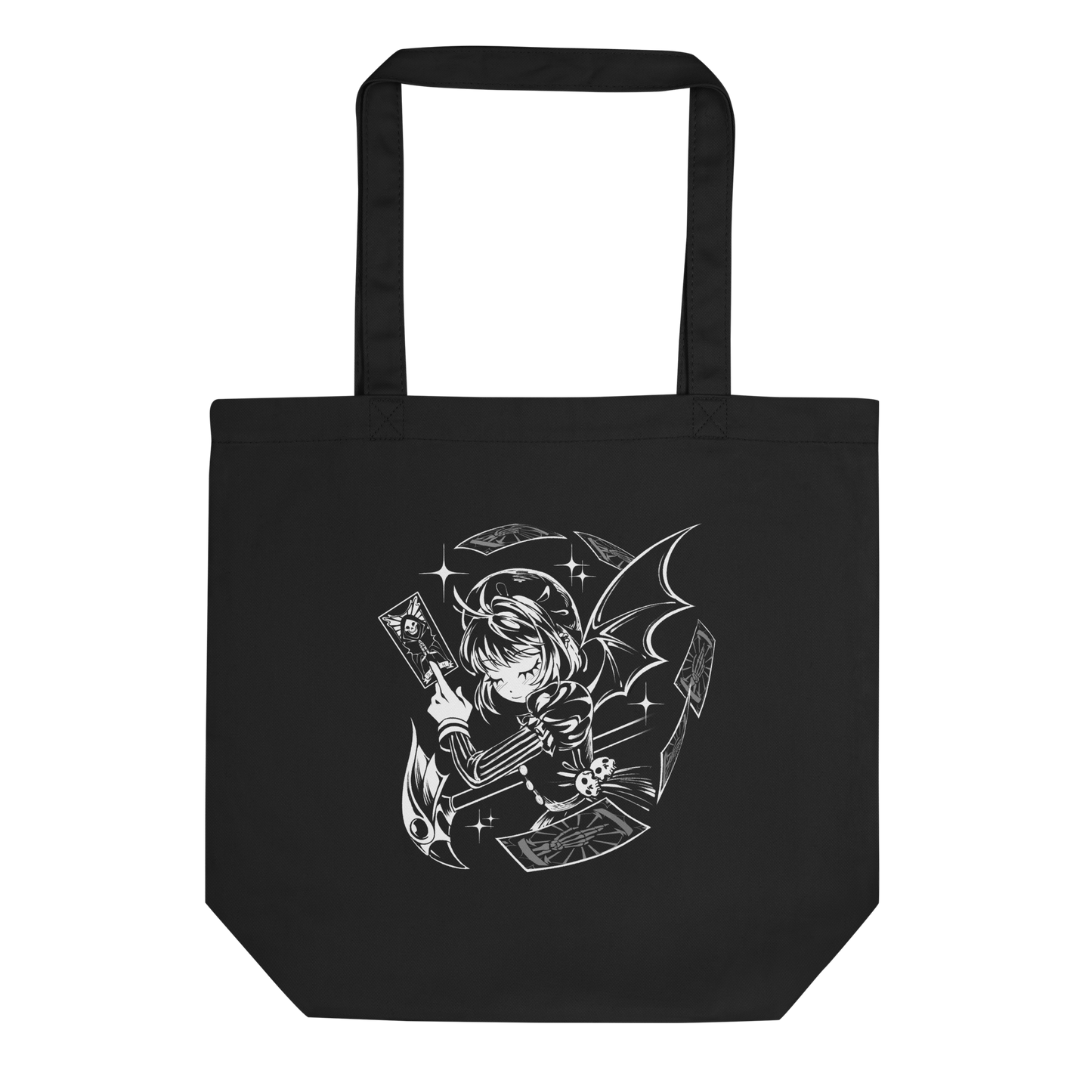 Black-and-white illustration of a gothic anime-style girl with bat wings, holding a magical card while floating cards swirl around her, along with sparkles and a stylized scepter.