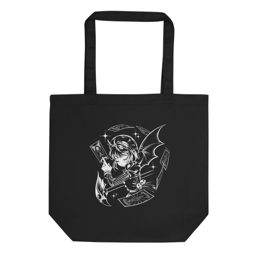 Black-and-white illustration of a gothic anime-style girl with bat wings, holding a magical card while floating cards swirl around her, along with sparkles and a stylized scepter.