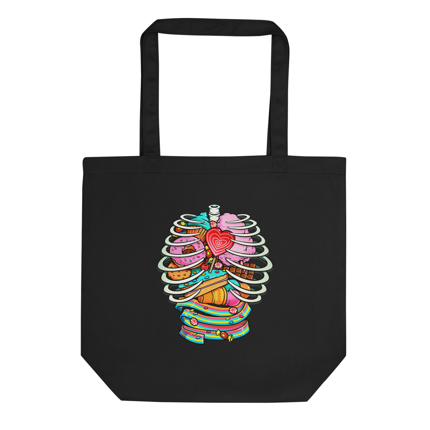 This vibrant design features a detailed, cartoonish human ribcage with various colorful candies and sweets filling the cavity. The sweets include a heart-shaped lollipop, cookies, cotton candy, chocolate bars, ice cream, donuts, and colorful candy strips. The style is reminiscent of pop art with bold lines and vivid colors, making it visually striking and playful.