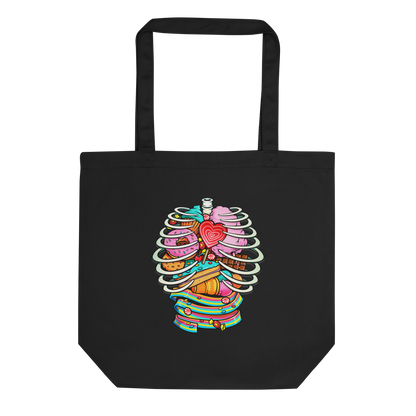 This vibrant design features a detailed, cartoonish human ribcage with various colorful candies and sweets filling the cavity. The sweets include a heart-shaped lollipop, cookies, cotton candy, chocolate bars, ice cream, donuts, and colorful candy strips. The style is reminiscent of pop art with bold lines and vivid colors, making it visually striking and playful.