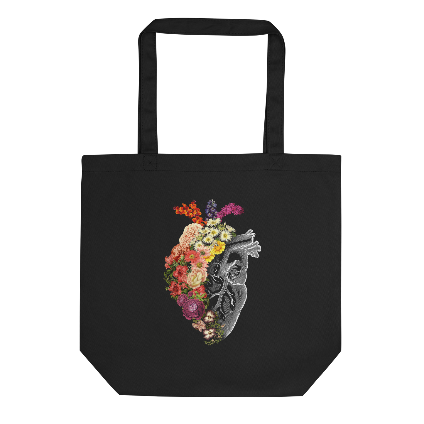 The design is an intricate and anatomical drawing of a human heart on a black background. The left side of the heart morphs into a vibrant assortment of colorful flowers, including roses, daisies, and other blooming blossoms, creating a striking contrast between the realistic and the surreal, symbolizing the harmony between nature and humanity.