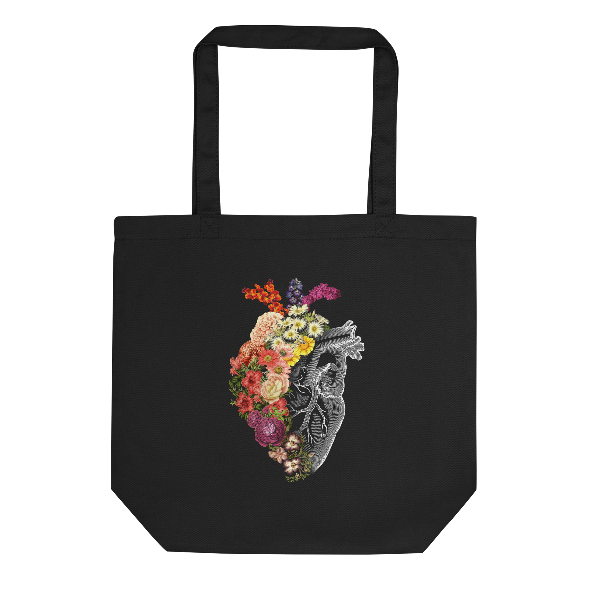 The design is an intricate and anatomical drawing of a human heart on a black background. The left side of the heart morphs into a vibrant assortment of colorful flowers, including roses, daisies, and other blooming blossoms, creating a striking contrast between the realistic and the surreal, symbolizing the harmony between nature and humanity.