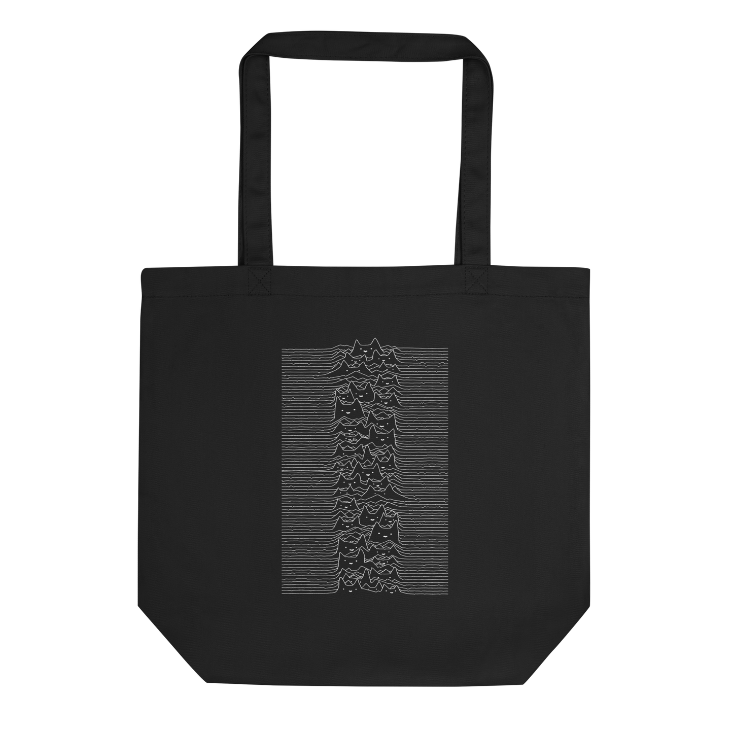 The drawing is a series of continuous wavy lines forming a pattern reminiscent of sound waves or topographic maps, but with an unexpected twist: the lines create the shapes of numerous cat faces stacked vertically. Each cat has simple, expressive features with pointed ears, adding a whimsical element to the otherwise structured pattern.