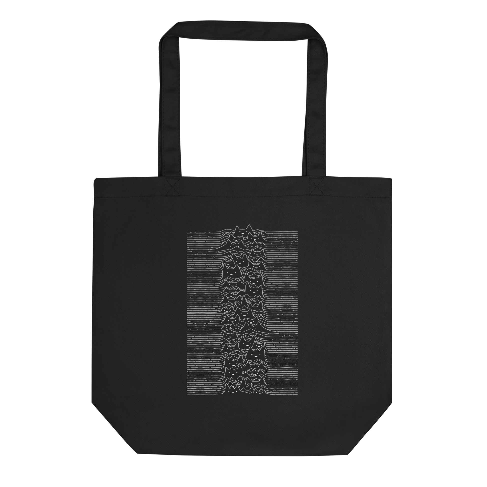 The drawing is a series of continuous wavy lines forming a pattern reminiscent of sound waves or topographic maps, but with an unexpected twist: the lines create the shapes of numerous cat faces stacked vertically. Each cat has simple, expressive features with pointed ears, adding a whimsical element to the otherwise structured pattern.