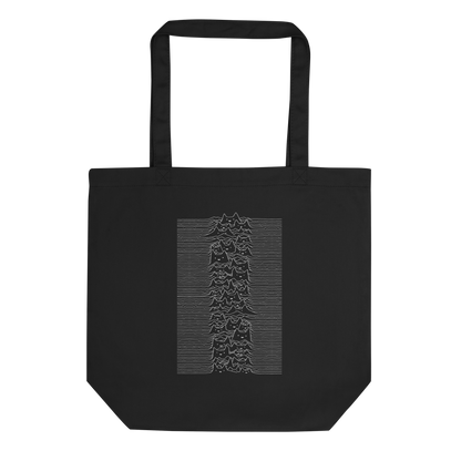 The drawing is a series of continuous wavy lines forming a pattern reminiscent of sound waves or topographic maps, but with an unexpected twist: the lines create the shapes of numerous cat faces stacked vertically. Each cat has simple, expressive features with pointed ears, adding a whimsical element to the otherwise structured pattern.