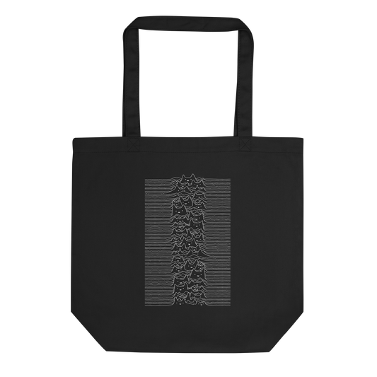 The drawing is a series of continuous wavy lines forming a pattern reminiscent of sound waves or topographic maps, but with an unexpected twist: the lines create the shapes of numerous cat faces stacked vertically. Each cat has simple, expressive features with pointed ears, adding a whimsical element to the otherwise structured pattern.