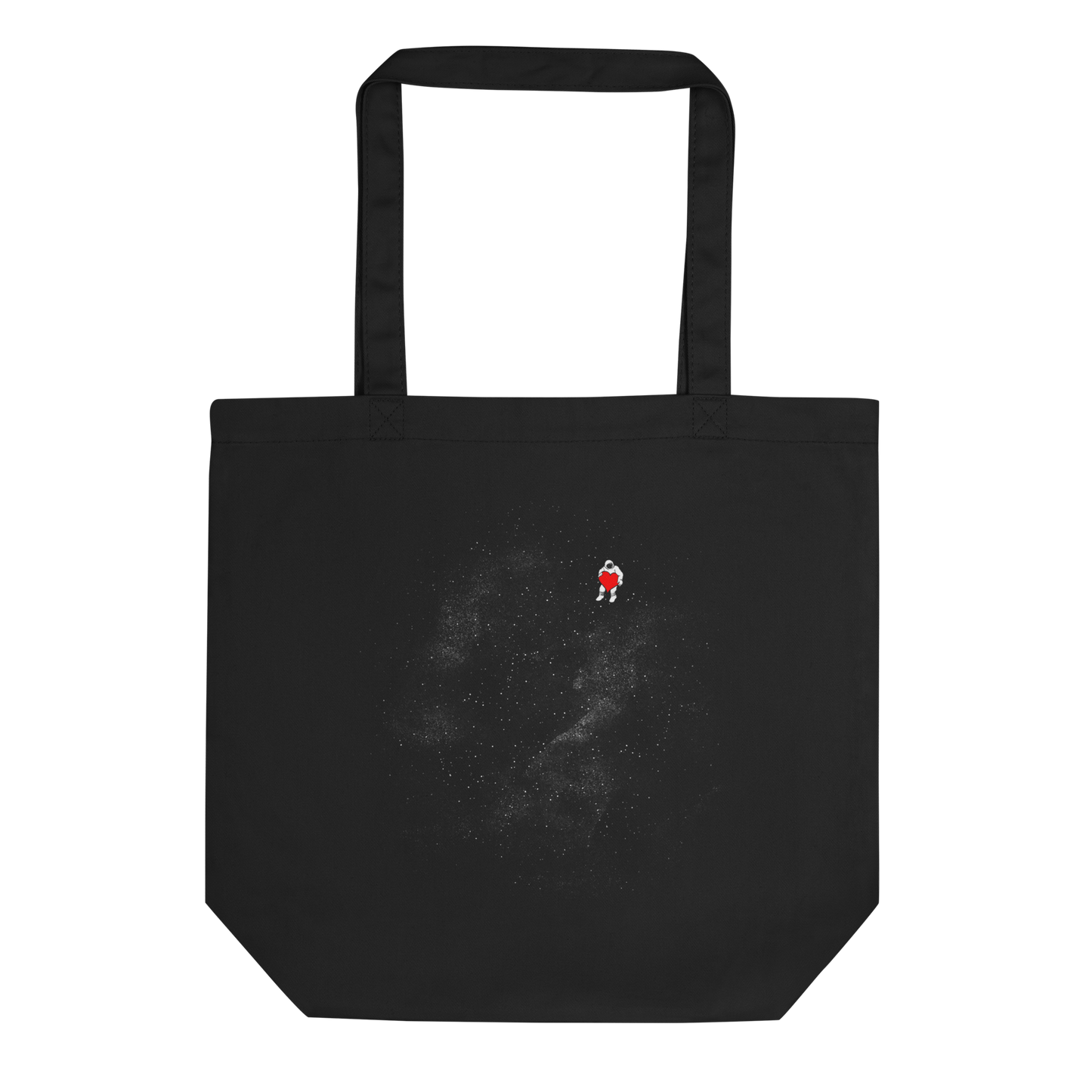 The image depicts a lone astronaut floating in outer space, seemingly sitting on nothing while holding a large, bright red heart. The background is a starry expanse of black, suggesting the vastness and cold emptiness of space. The stark contrast between the dark space and the vibrant heart symbolizes love and loneliness in the cosmos.