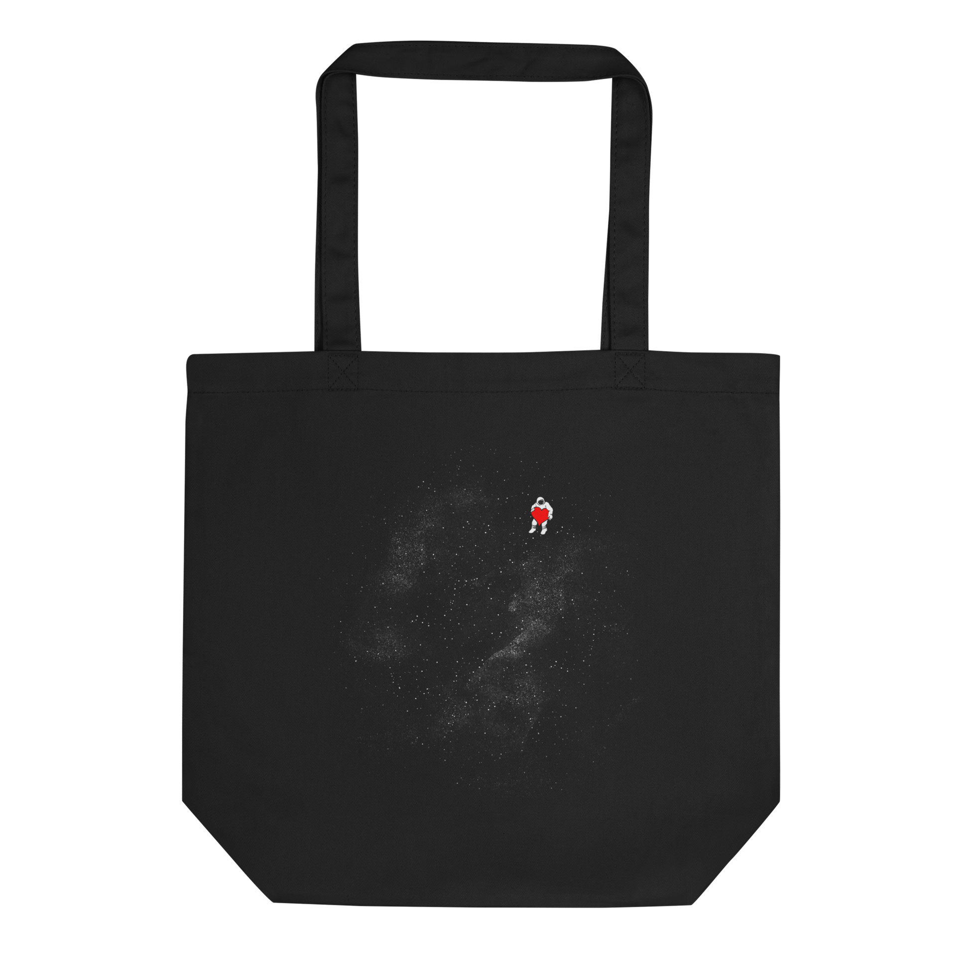 The image depicts a lone astronaut floating in outer space, seemingly sitting on nothing while holding a large, bright red heart. The background is a starry expanse of black, suggesting the vastness and cold emptiness of space. The stark contrast between the dark space and the vibrant heart symbolizes love and loneliness in the cosmos.