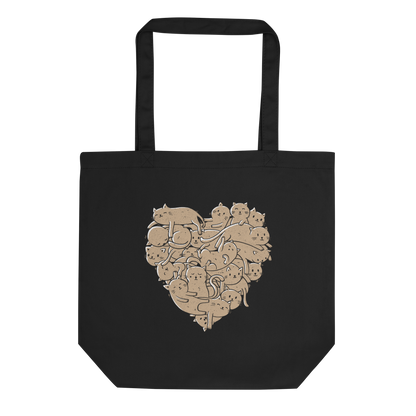 The image showcases an anatomical heart shape filled with numerous small, simple, and cute cartoon-like cat illustrations in a light brown tone. The overall style is whimsical and playful, combining elements of illustration and pop culture art.