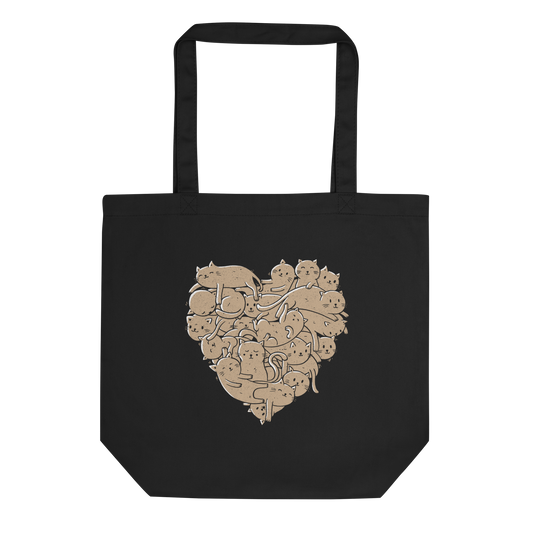 The image showcases an anatomical heart shape filled with numerous small, simple, and cute cartoon-like cat illustrations in a light brown tone. The overall style is whimsical and playful, combining elements of illustration and pop culture art.