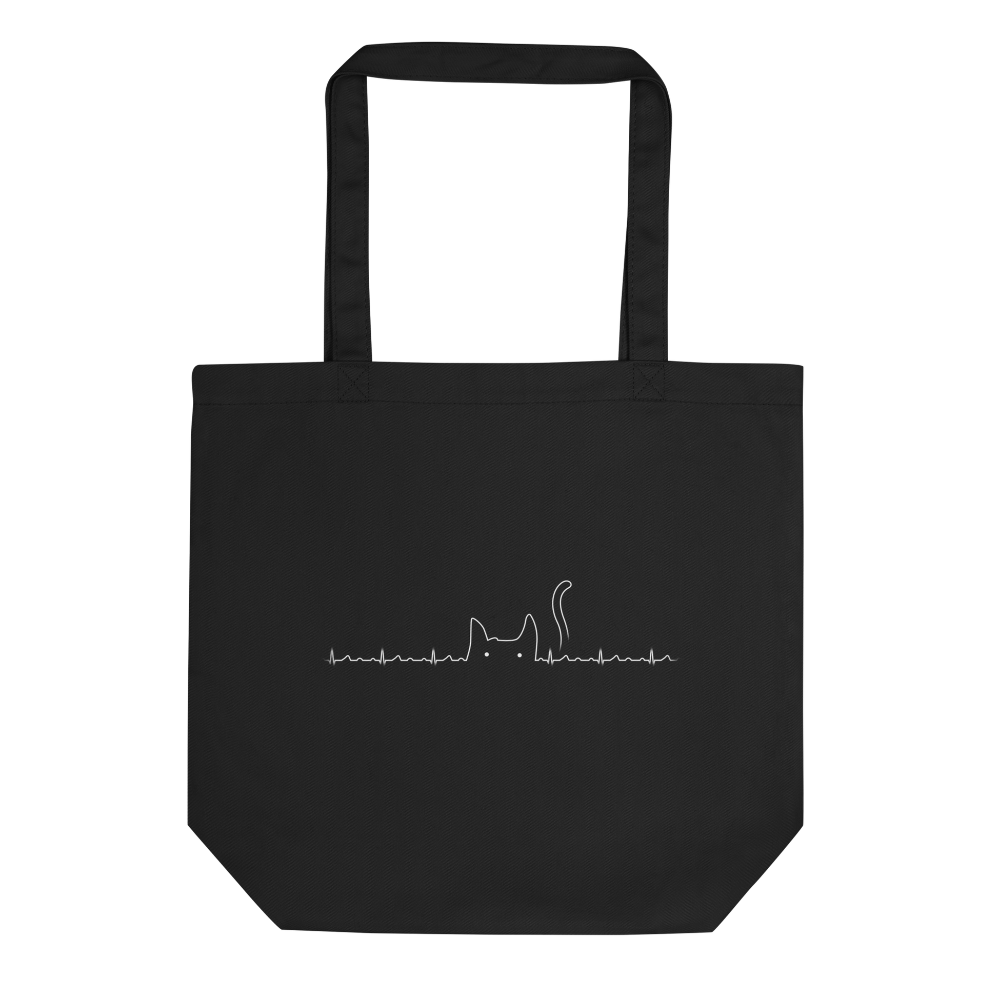 The drawing has a black background with a continuous white line depicting an electrocardiogram. Midway through, the line morphs into the minimalist outline of a cat's head with pointed ears and a tail, with two small white dots representing its eyes. The drawing creatively combines the elements of a heartbeat line and a simple cat illustration.