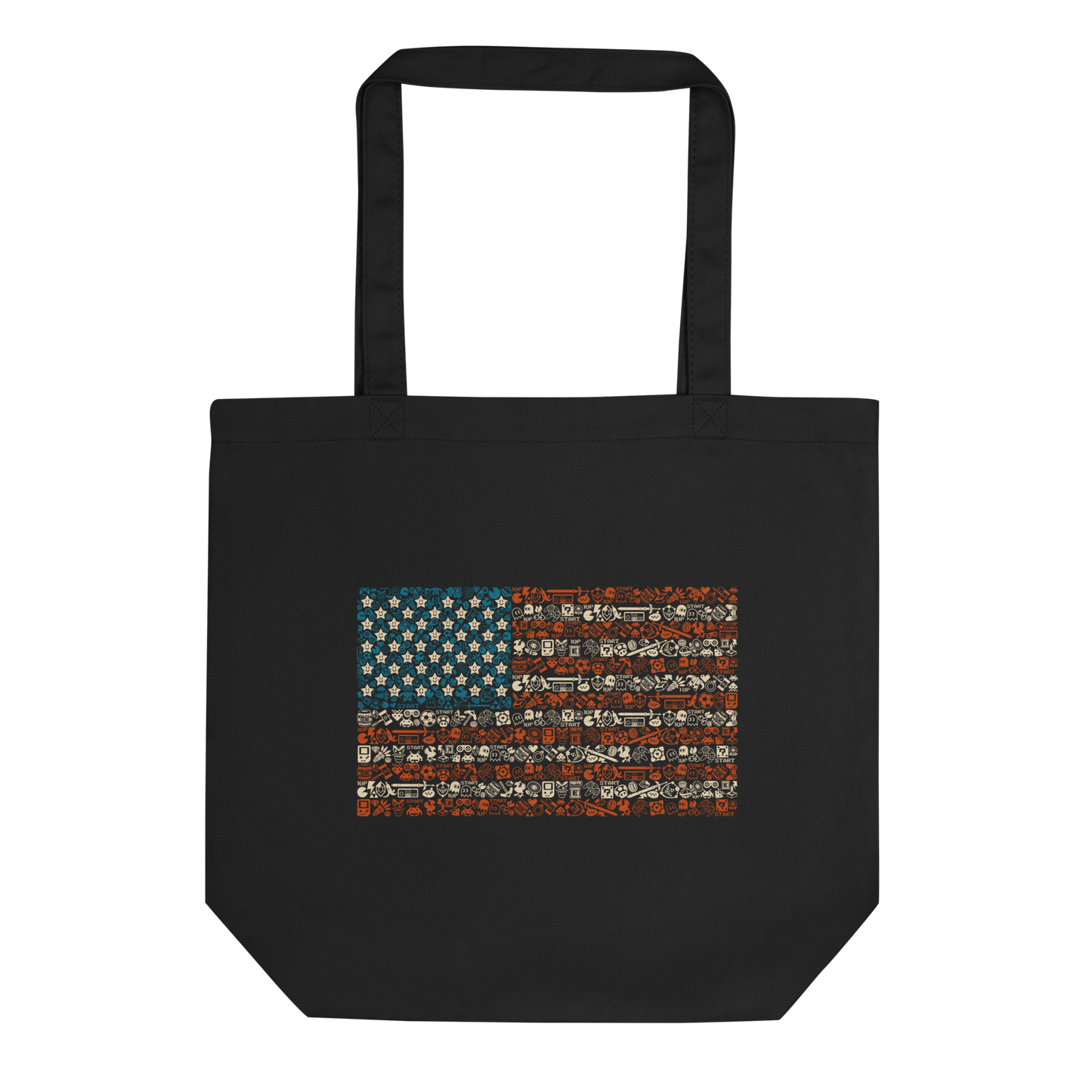 American flag illustration made entirely of retro video game icons, controllers, characters, and symbols in blue, red, and beige, arranged to form the stars and stripes.