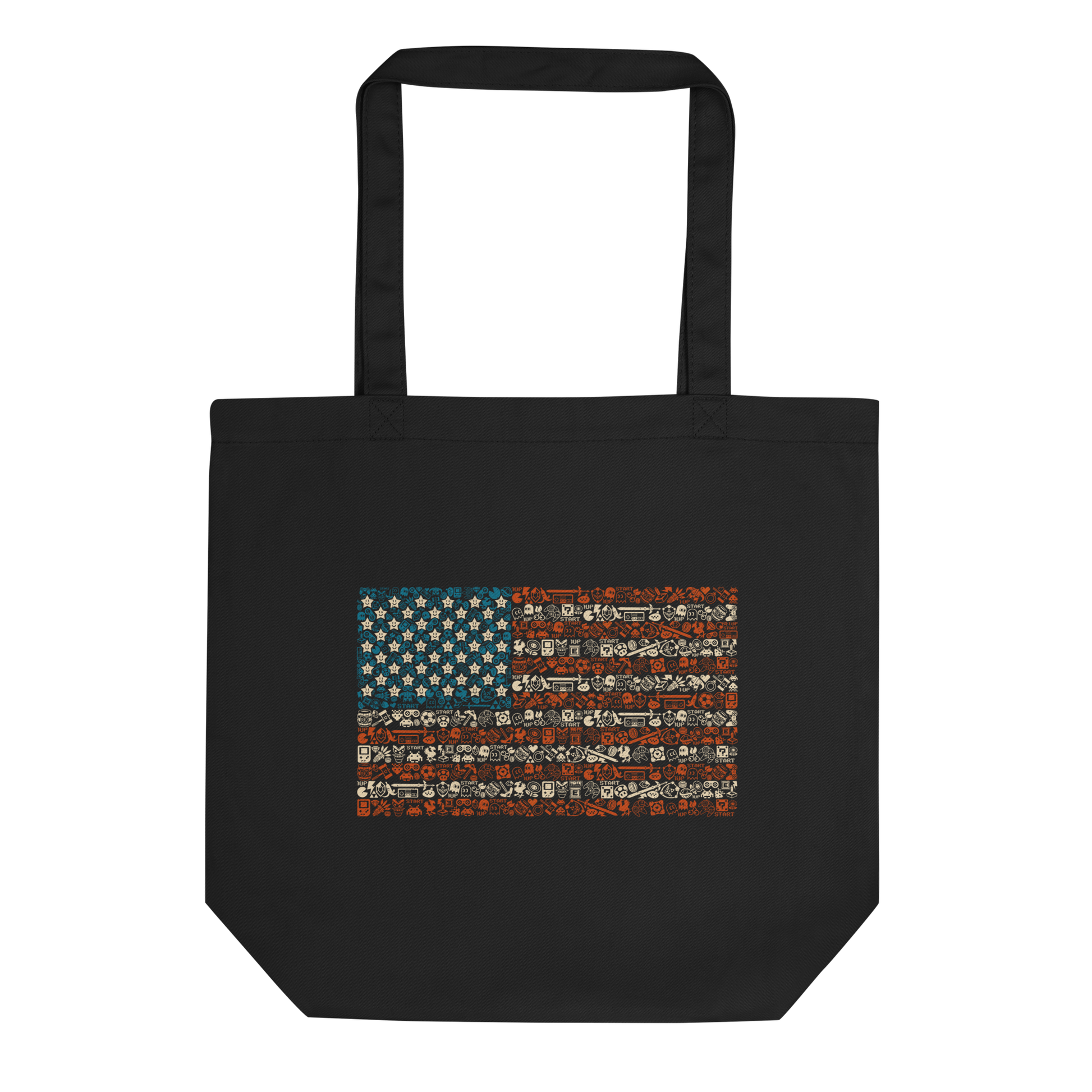 American flag illustration made entirely of retro video game icons, controllers, characters, and symbols in blue, red, and beige, arranged to form the stars and stripes.