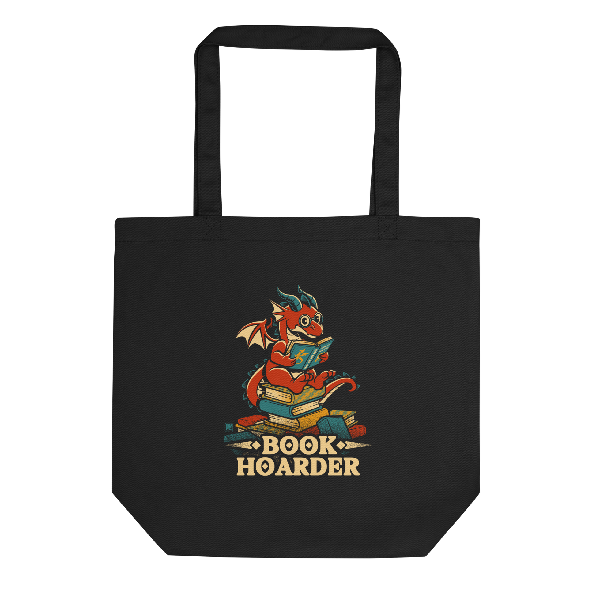 Perched atop his treasure trove of books, this red nerdy dragon is ready to devour epic adventures, magic tales, and fantasy worlds. The words 'BOOK HOARDER' are placed at the bottom of the design.