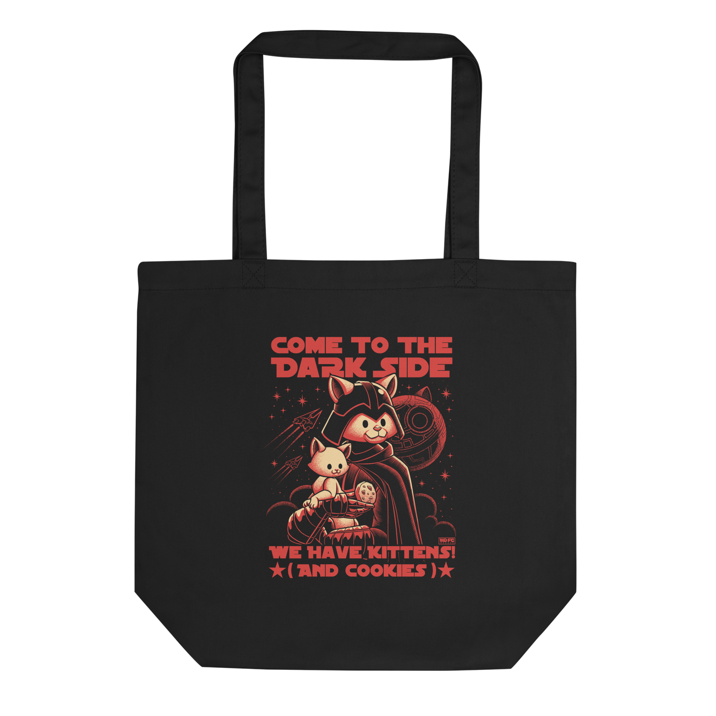 This fun and nerdy design, encircled by the phrase 'COME TO THE DARK SIDE, WE  HAVE KITTENS AND COOKIES', features a feline twist on sci-fi villains, perfect for cat lovers, space fans, and cookie enthusiasts.