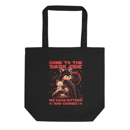 This fun and nerdy design, encircled by the phrase 'COME TO THE DARK SIDE, WE  HAVE KITTENS AND COOKIES', features a feline twist on sci-fi villains, perfect for cat lovers, space fans, and cookie enthusiasts.
