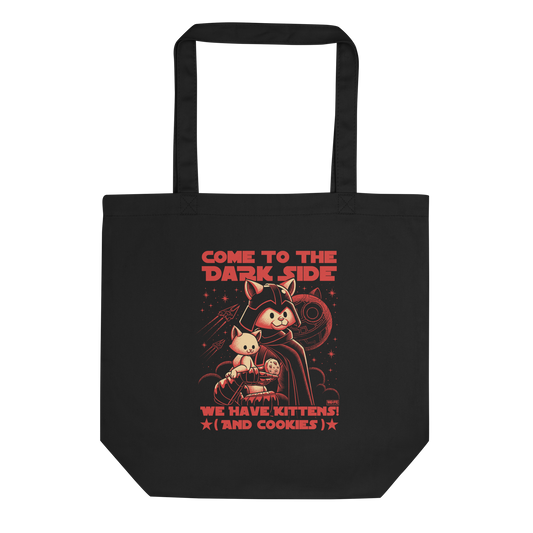 This fun and nerdy design, encircled by the phrase 'COME TO THE DARK SIDE, WE  HAVE KITTENS AND COOKIES', features a feline twist on sci-fi villains, perfect for cat lovers, space fans, and cookie enthusiasts.